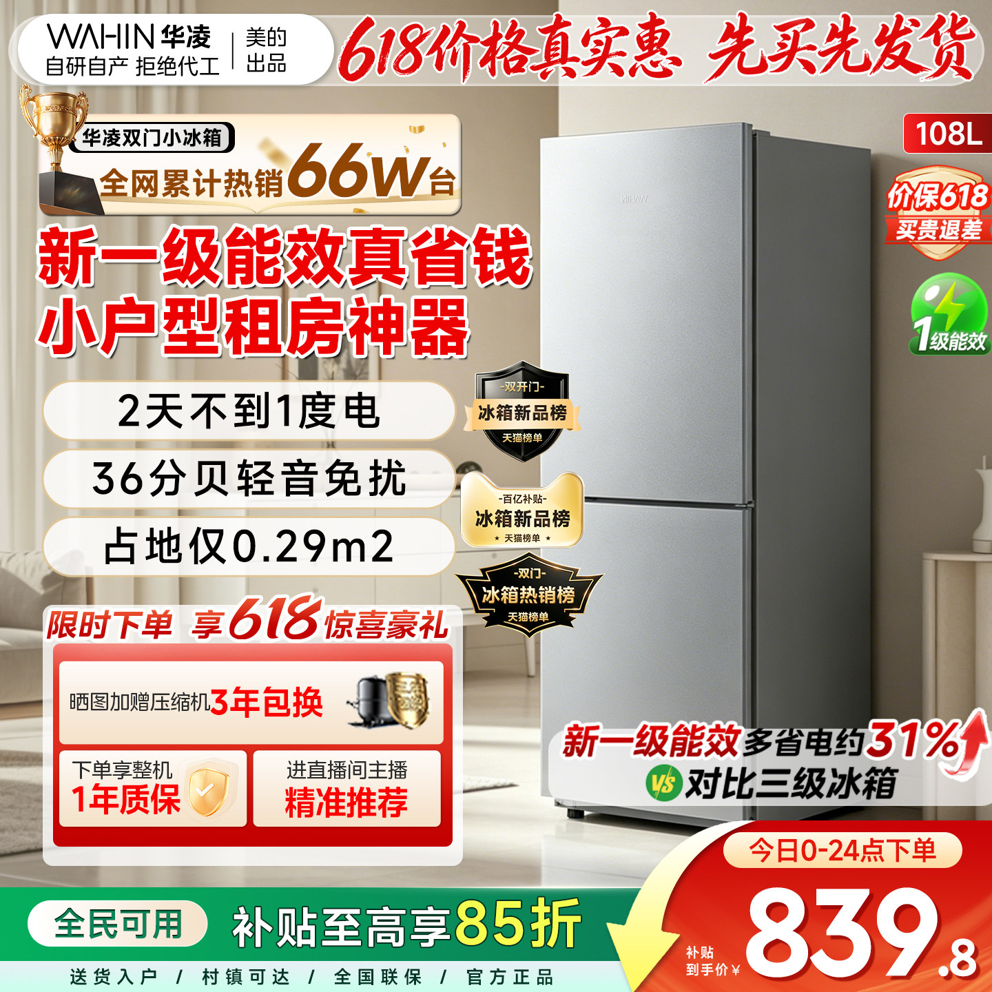 美的出品华凌冰箱188一级能效双开门冷藏冷冻低噪租房宿舍小冰箱