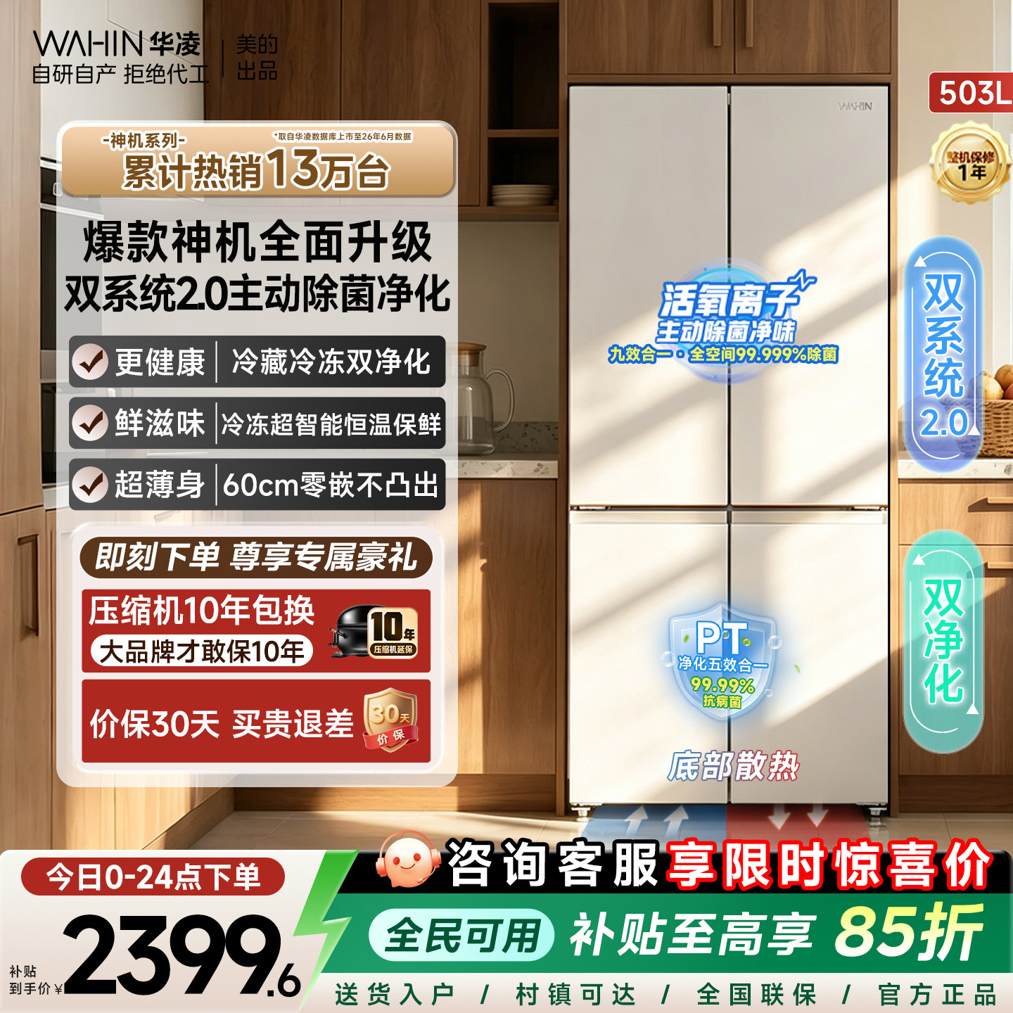 美的华凌神机双系统2.0十字冰箱图片