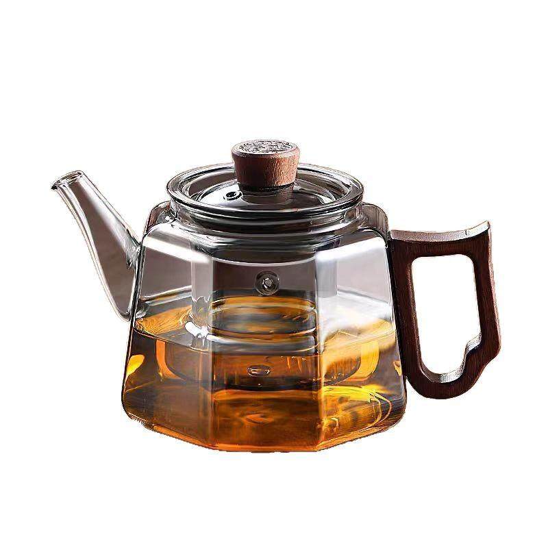 厂家供应烟灰色高硼硅玻璃煮茶壶带木把玻璃茶壶带过滤茶水分离壶
