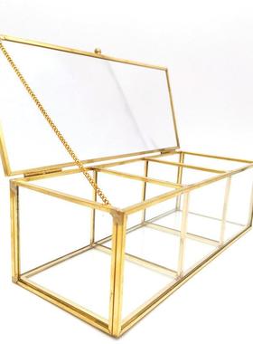 ins网红铜条桌面收纳玻璃合北欧分首饰摆件间隔三格玻璃收纳盒