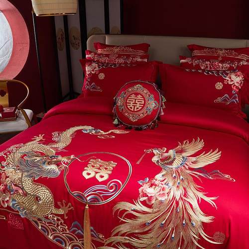 全棉龙凤刺绣婚庆多件套结婚用婚房长绒棉四件套大红喜庆床品陪嫁