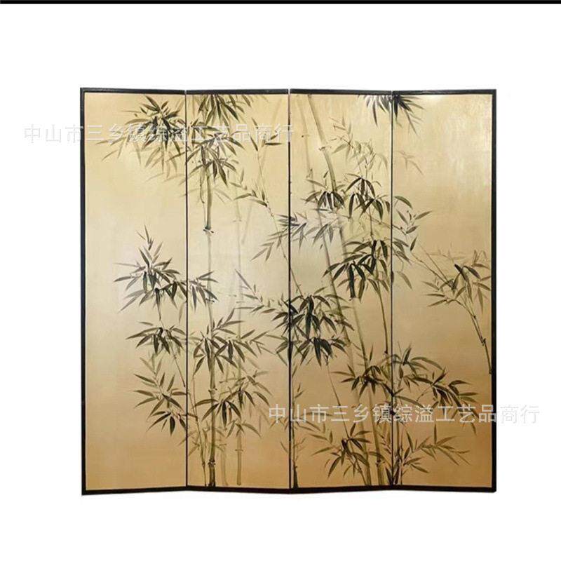 中式手绘竹子金箔花鸟屏风客厅会议室沙发背景墙装饰隔断立式插屏