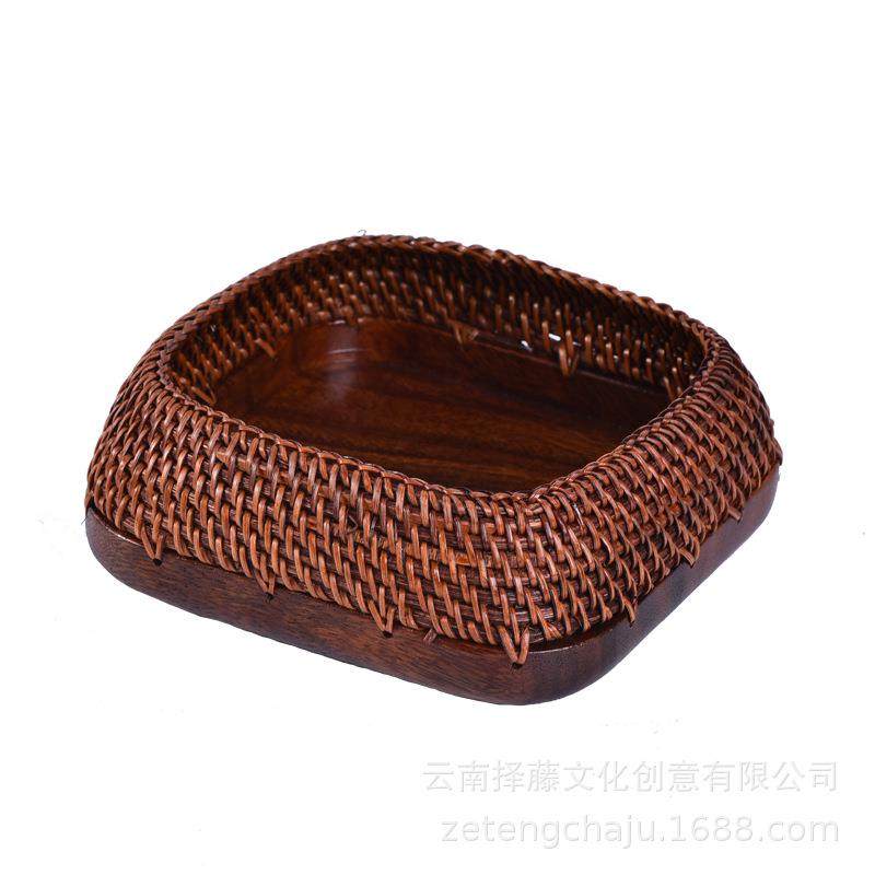 日式藤编手工大漆黑胡桃木果盘创意茶点盒托盘收纳盒复古风茶盘,特色手工艺,竹编/竹雕,淘宝优惠券,粉丝福利购,淘宝优惠卷