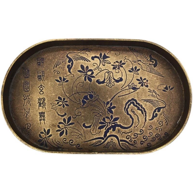 纯铜盘子纯手工漆绘仿古铜器茶盘托盘家居办公茶道装饰工艺品摆件