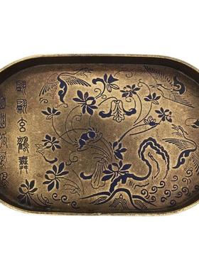纯铜盘子纯手工漆绘仿古铜器茶盘托盘家居办公茶道装饰工艺品摆件