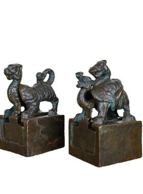 古玩杂项收藏仿古四兽印章子母套印合金印章四个一套书房装饰摆件