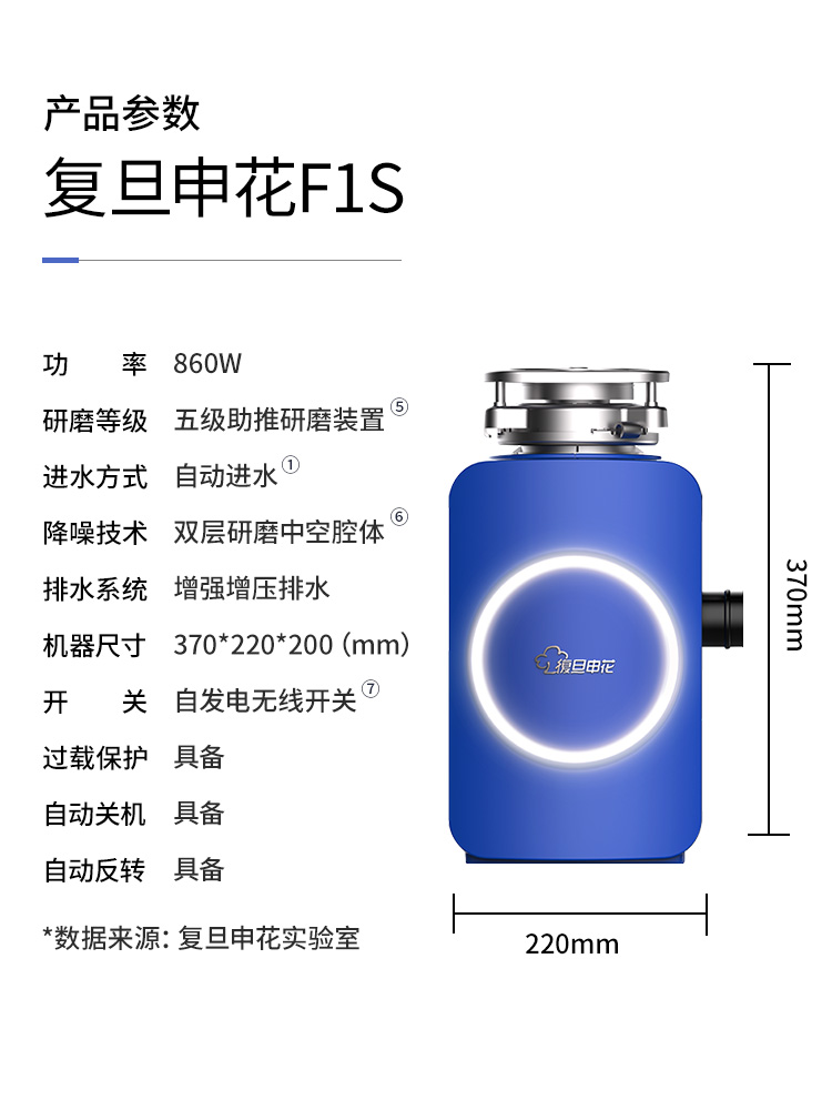 复旦申花F1S垃圾处理器自动进水厨余粉碎机家用厨房食物垃圾处理