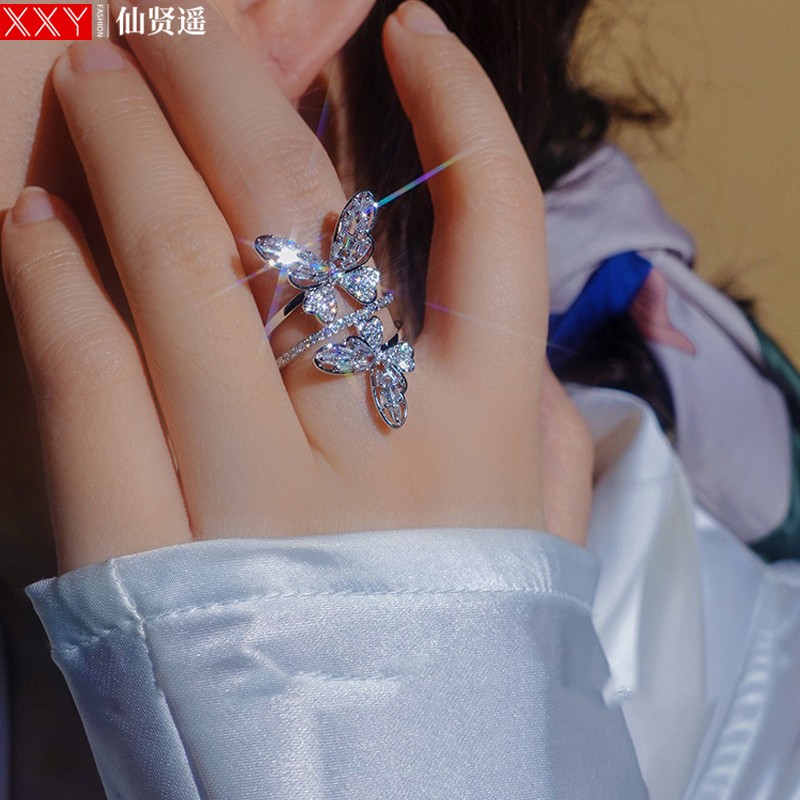 仙賢遙雙鏤空蝴蝶鋯石開口戒指女