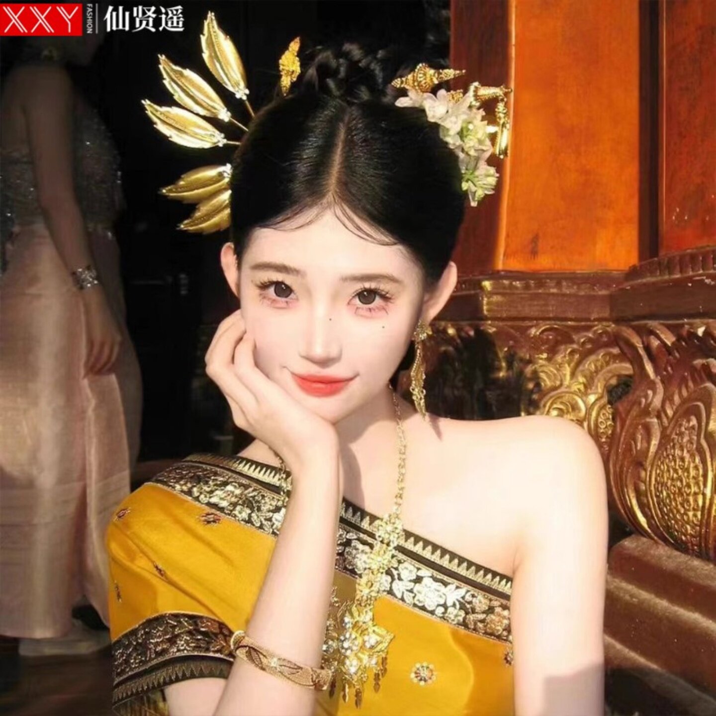 云南傣族风发簪孔雀叶子合金镶钻