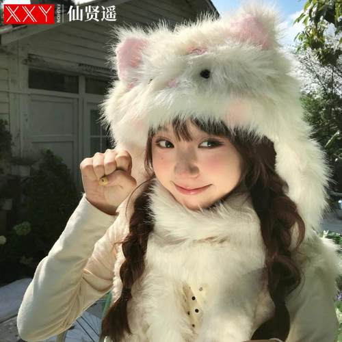 耳朵保暖甜美卡通帽子围巾两件套