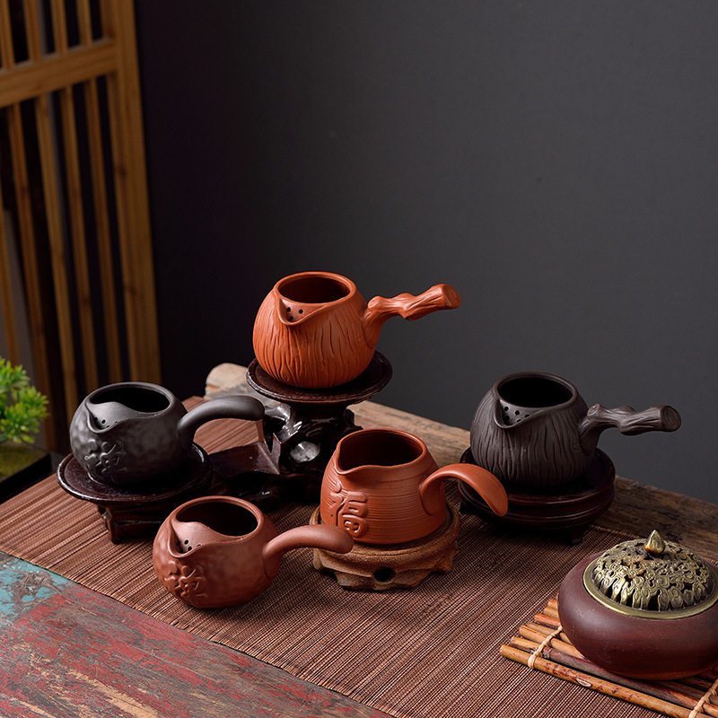 西北煮茶壶功夫茶茶罐子横把罐罐煮茶壶紫砂朱泥密集过滤孔手工壶