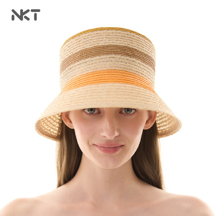 NKT进口麻条纹盆帽高级编织草帽夏日出游沙滩草编帽海滩渔夫帽