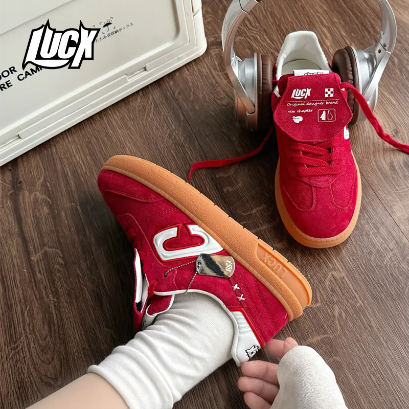Lucx鞋子2025夏季女鞋中国红时尚德训鞋百搭超火情侣男女同款板鞋