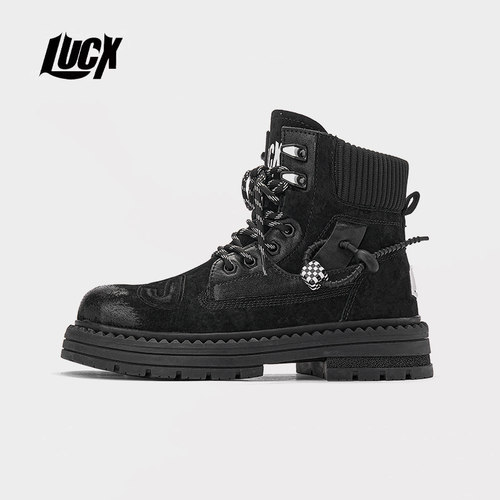 lucx转运靴黑色小众潮牌马丁靴男真皮厚底增高工装靴男女款沙地靴