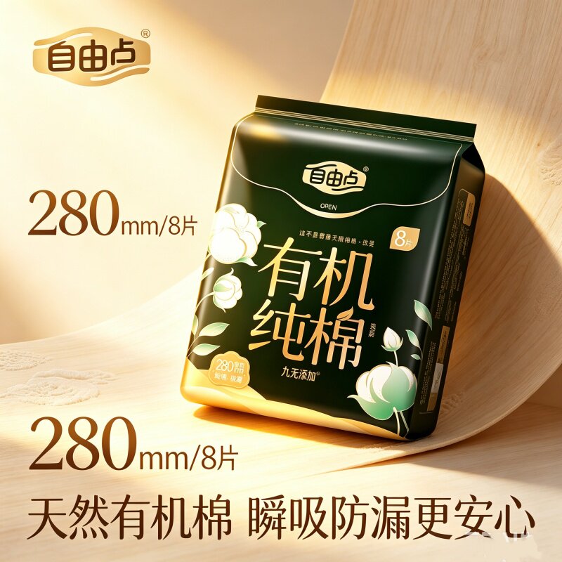 自由点超薄干爽卫生巾新疆有机棉女日用280mm棉柔亲肤姨妈巾8片装