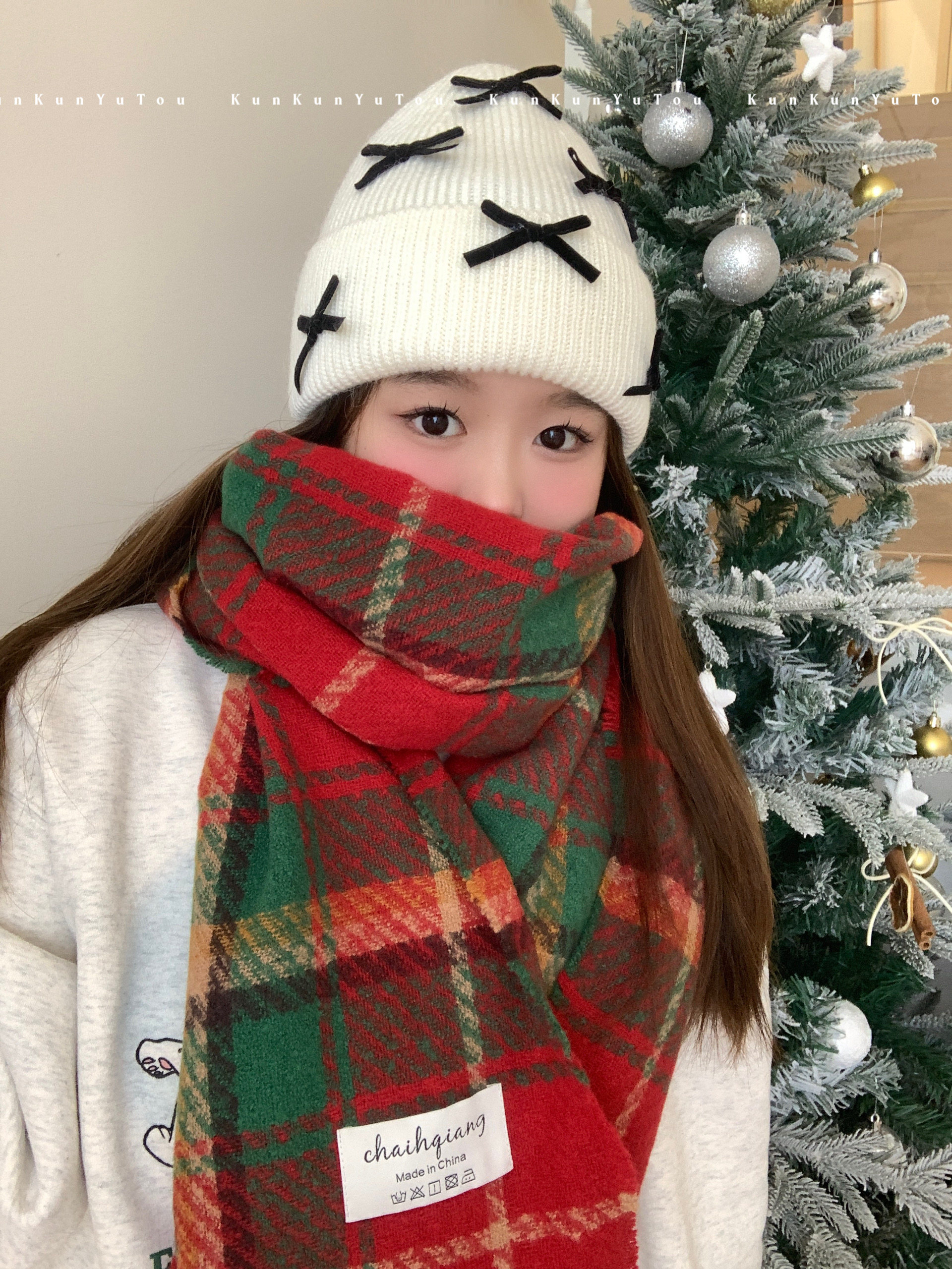 圣诞礼物红绿格子仿羊绒围巾ins韩系秋冬保暖氛围感流苏新年披肩