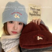 困困鱼头 奔跑小狗刺绣软糯针织帽秋冬保暖甜酷百搭显脸小包头帽