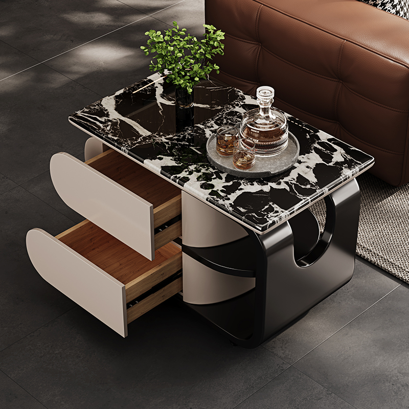 现代简约微晶石边几方形储物茶几客厅家用带轮小户型多功能边桌