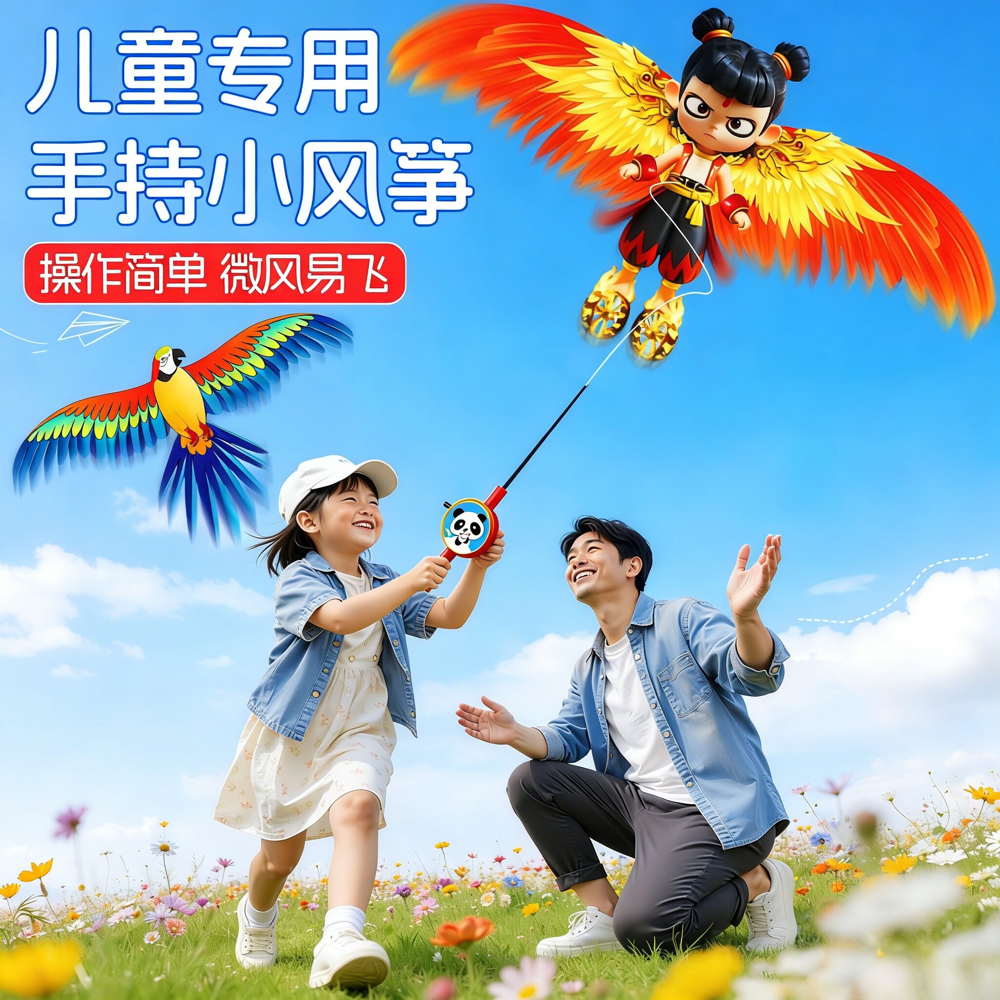 风筝儿童微风易飞2026新款手持鱼竿动态小号燕子纸鸢老鹰金鱼大全