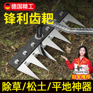 德国农用除草工具锰钢耙子多功能锄草种菜神器五齿新型松土铁钉耙