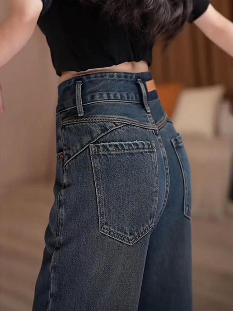 Retro Fleece Straight Leg Jeans for Women, 2025 New Autumn and Winter Style, Pear-shaped Figure, Plus Size, High Waist, Slimming, Wide Leg Pants