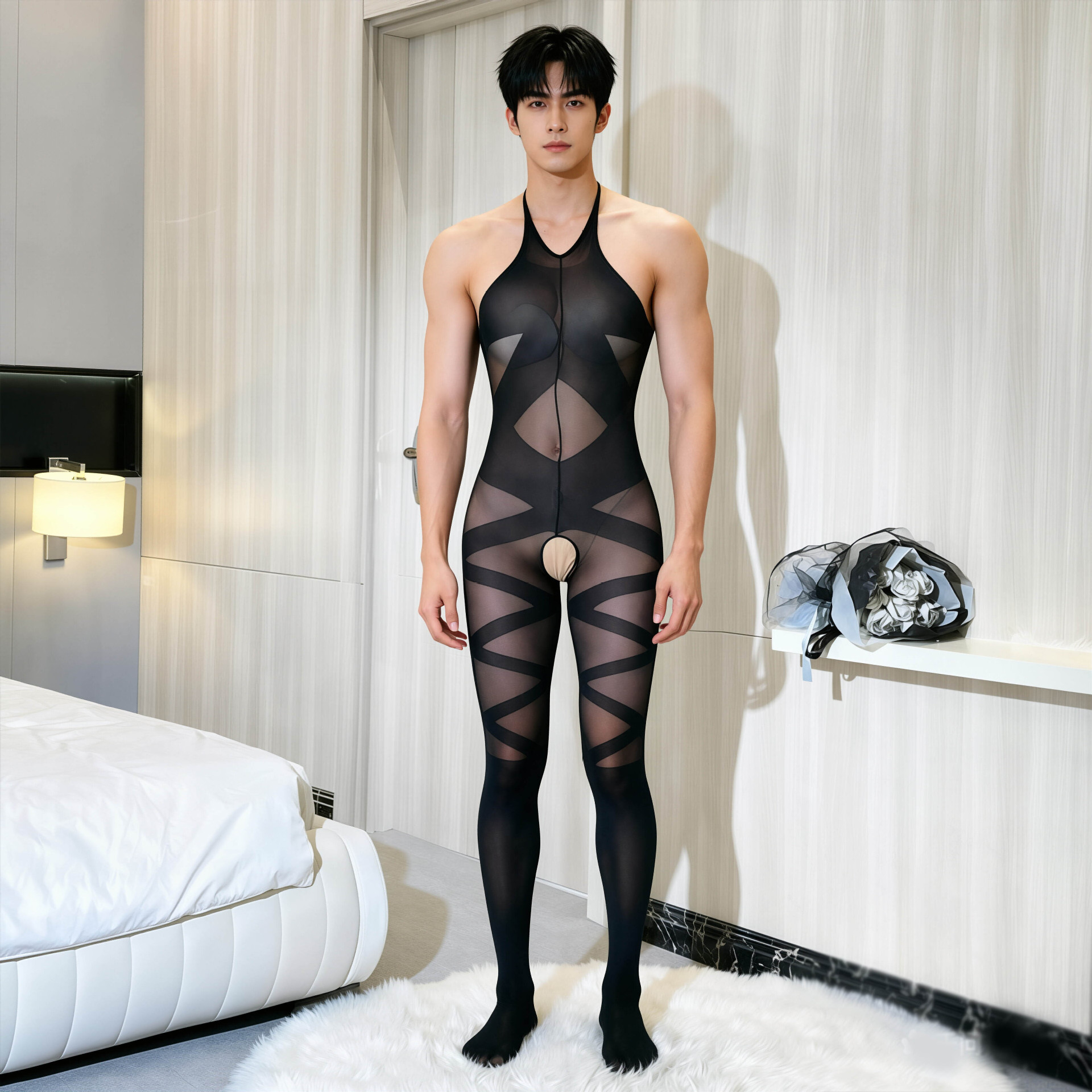 性感丝袜男伪娘超薄露背连体袜