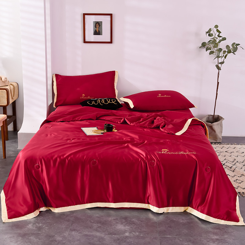 夏凉被水洗真丝夏被四件套冰丝空调被单件夏天薄款结婚红色被子滑