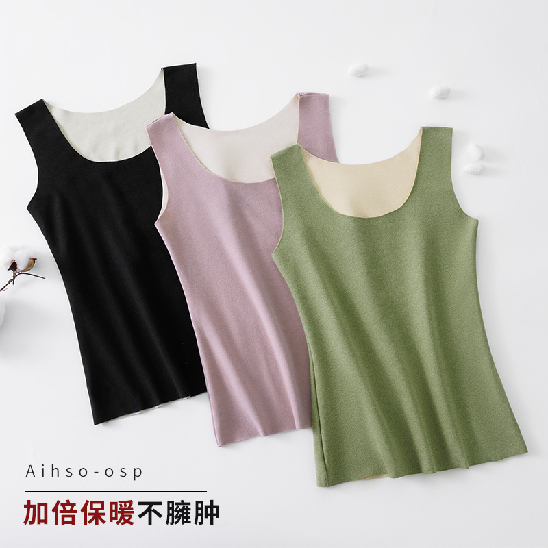 冬季德绒自发热无痕保暖背心女加绒加厚恒温内衣外穿打底衫上衣女