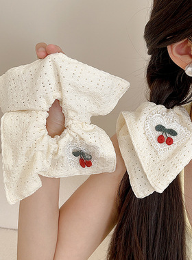 法式新款红樱桃白色镂空方巾猪大肠扎马尾发圈甜美少女感头绳发饰