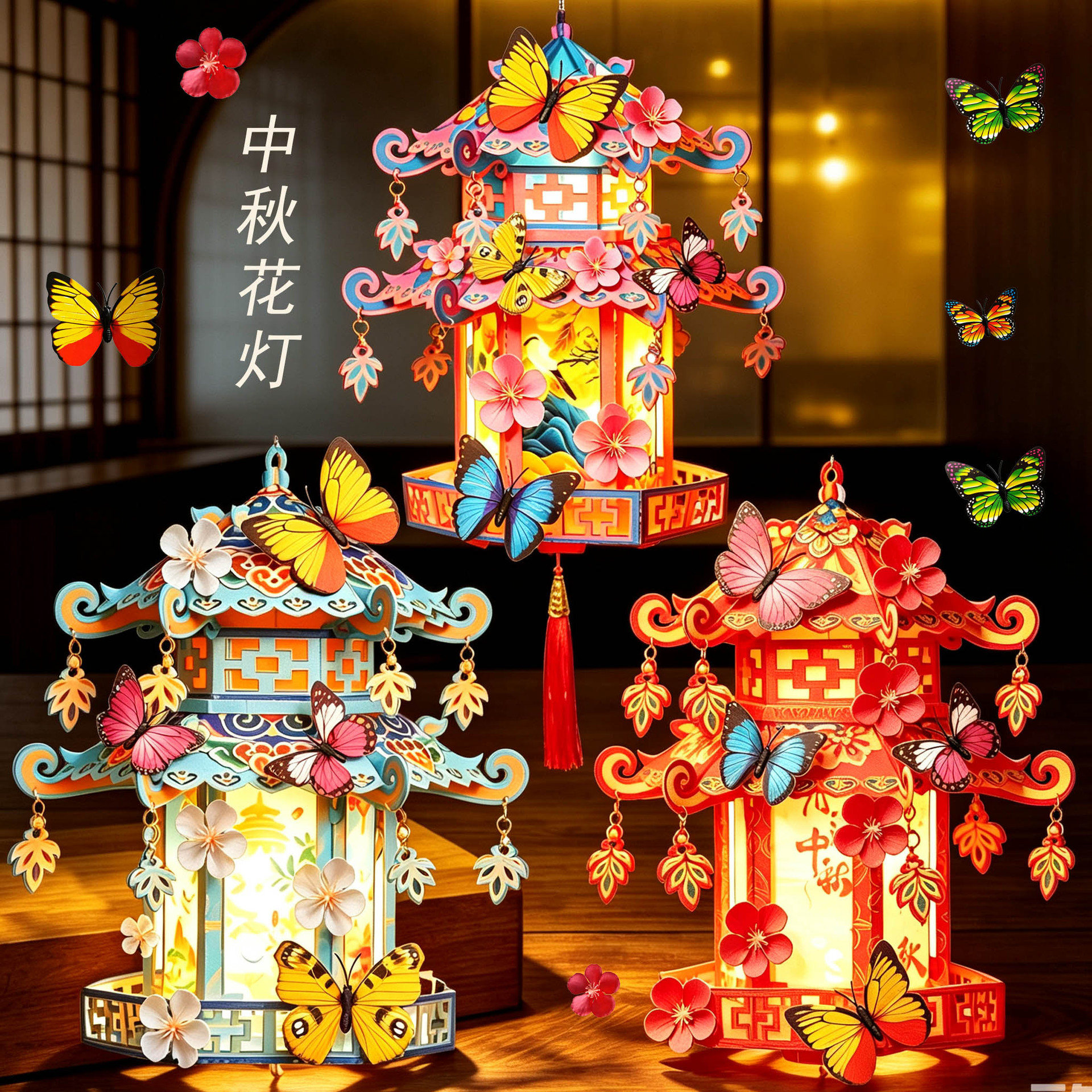 中秋节灯笼古风灯笼仿真花蝴蝶儿童手提pvc手工灯笼diy材料包礼品