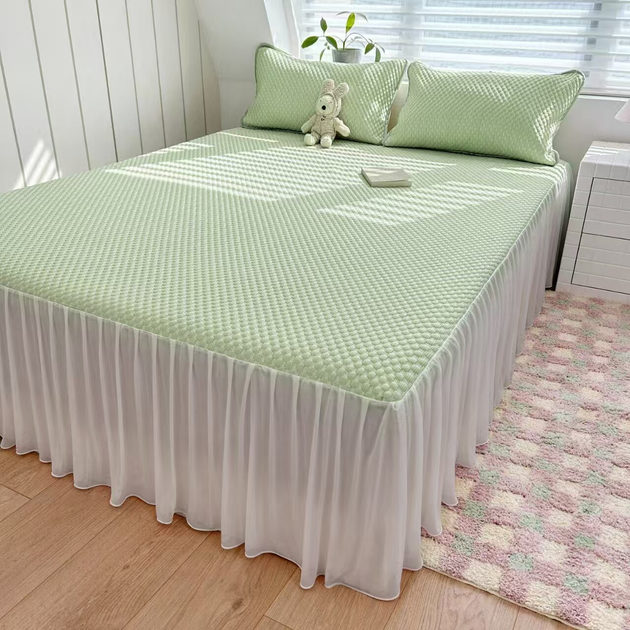 夏季新款冰丝豆豆凉席床裙款三件套学生宿舍单人软席子可水洗