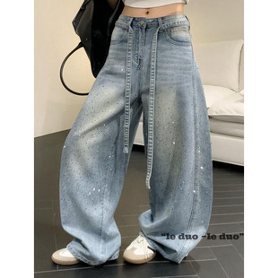 浅蓝色重工烫钻牛仔裤女新款今年流行的爆款亮闪闪高级感阔腿裤子