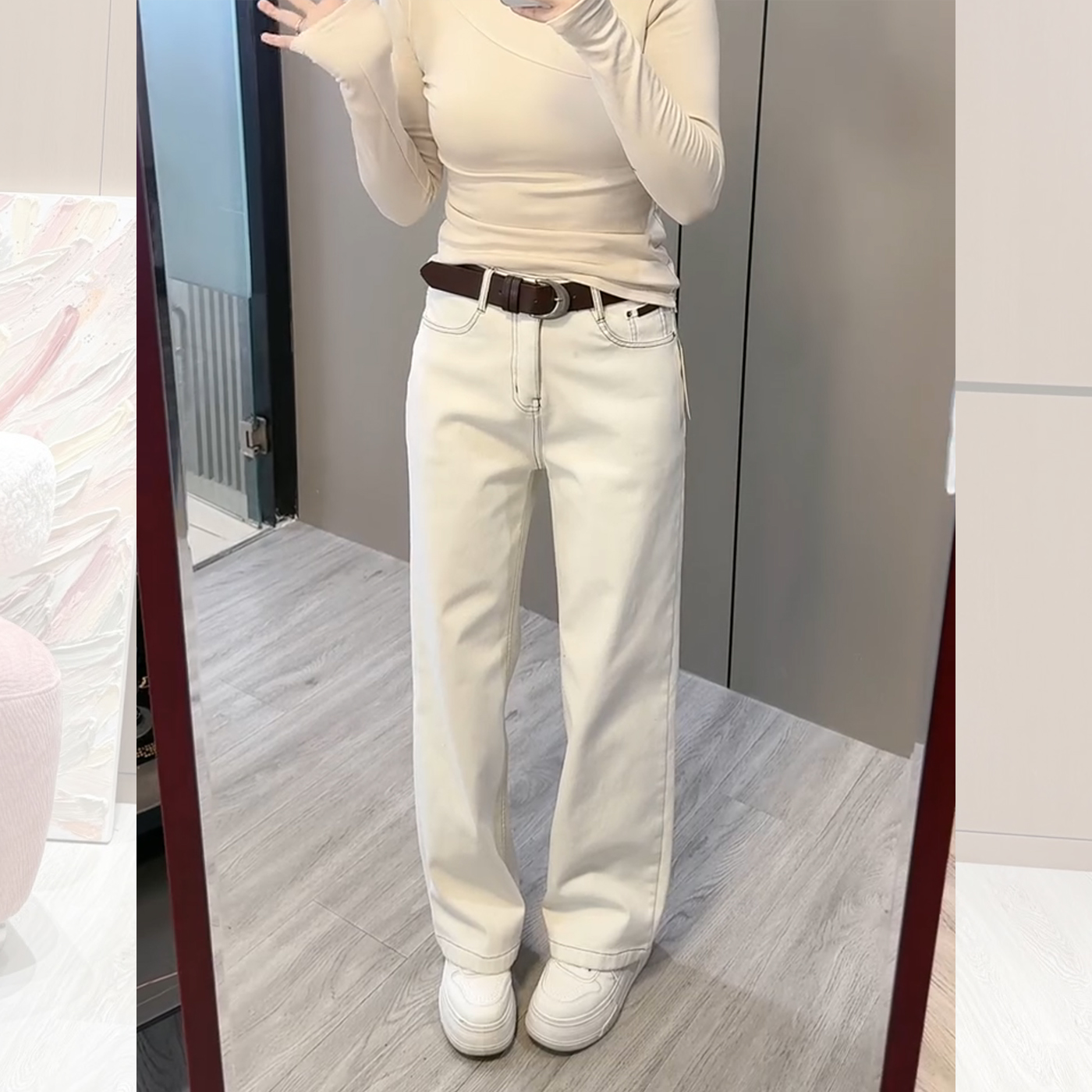 白色韩版高腰直筒牛仔裤女