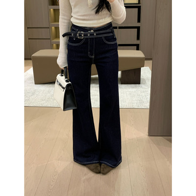 韩系深蓝色不规则微喇牛仔裤女