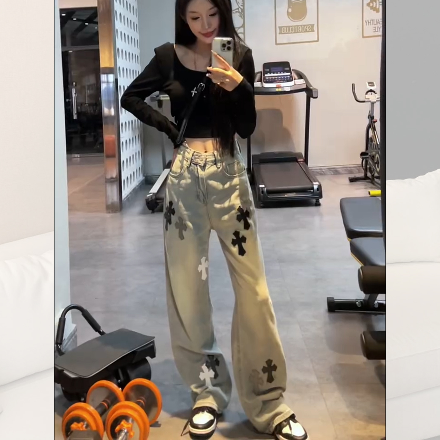 浅蓝色美式复古十字架牛仔裤女