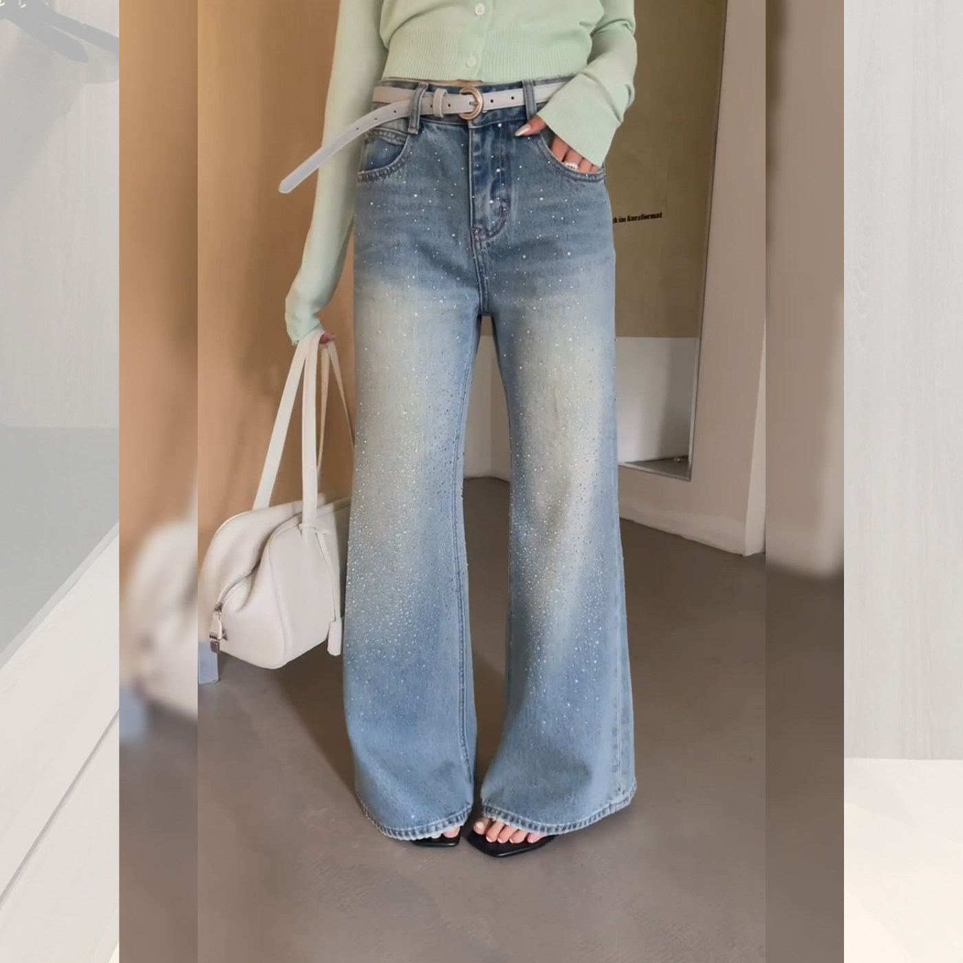 浅蓝色重工烫钻爆闪牛仔裤女2026新款磨白做旧小众设计高腰直筒裤,女装/女士精品,大码裤装,淘宝优惠券,粉丝福利购,淘宝优惠卷