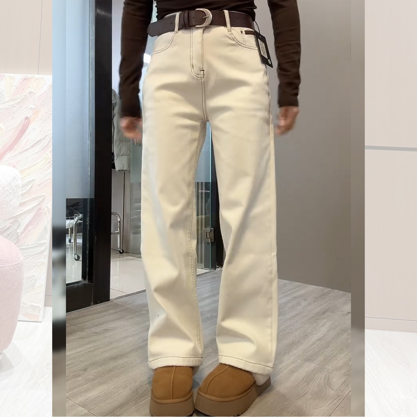 米白色韩版直筒牛仔裤女