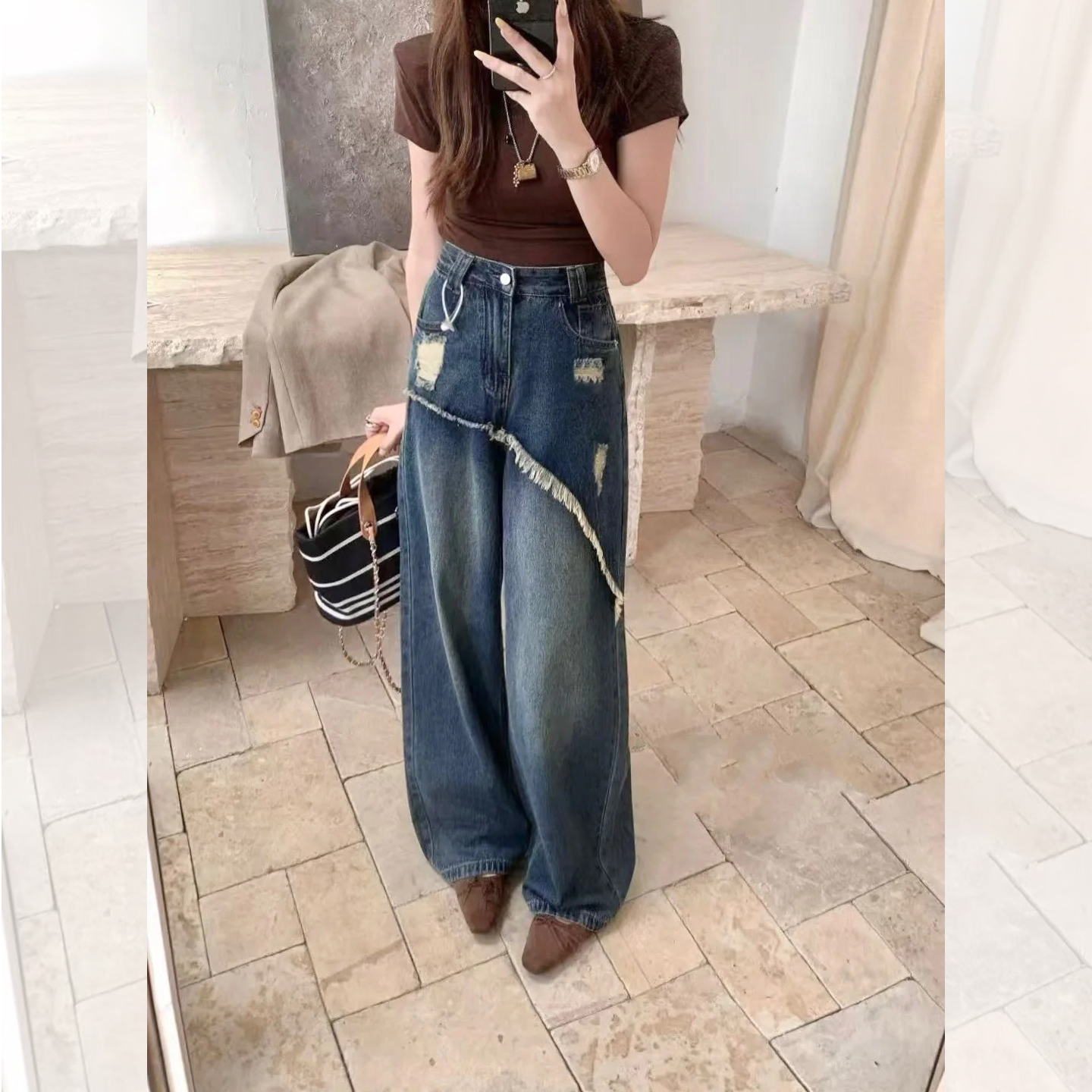 复古水洗假两件屁帘牛仔裤女