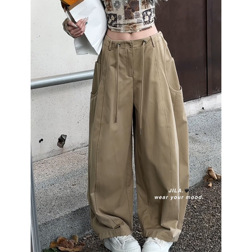 卡其色抽绳阔腿休闲裤女