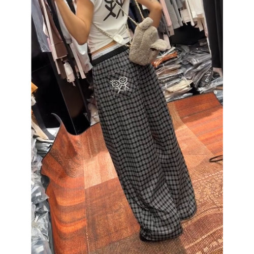 韩系卡通人格子阔腿休闲裤女
