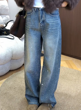 蓝色加绒加厚重工烫钻牛仔裤女2025新款冬季巨好看亮闪闪直筒裤子