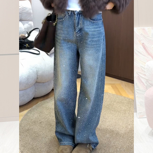 蓝色加绒加厚重工烫钻牛仔裤女2025新款冬季巨好看亮闪闪直筒裤子