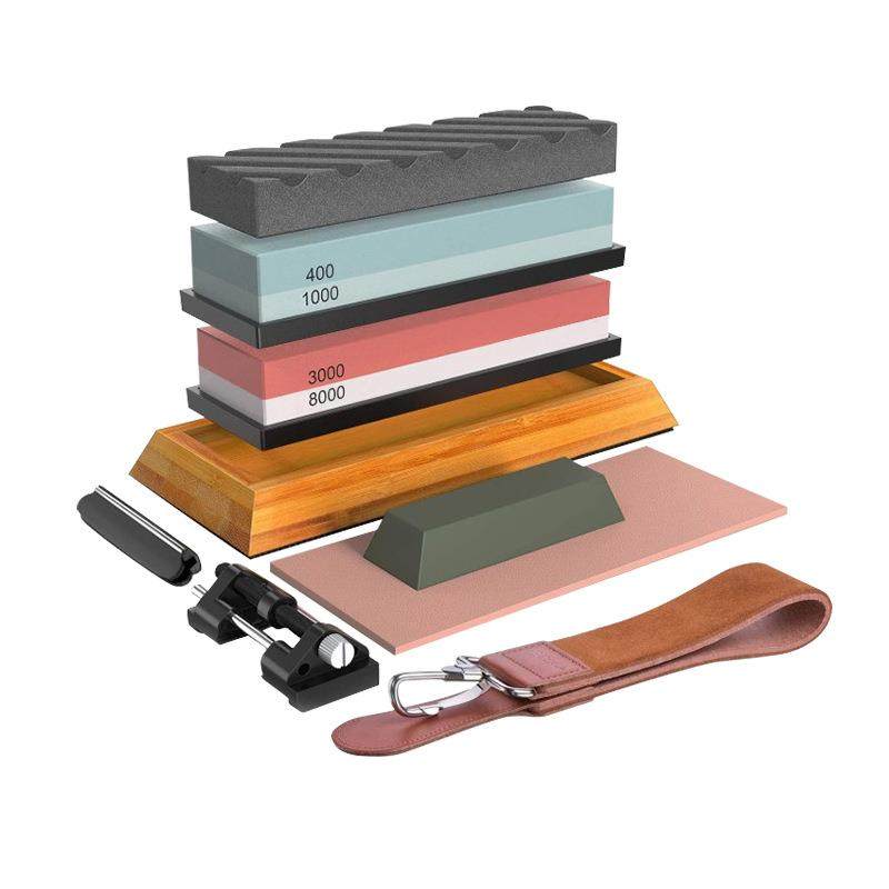 磨刀石白刚玉双面油石家用厨房户外竹底座磨石套装外贸砥石