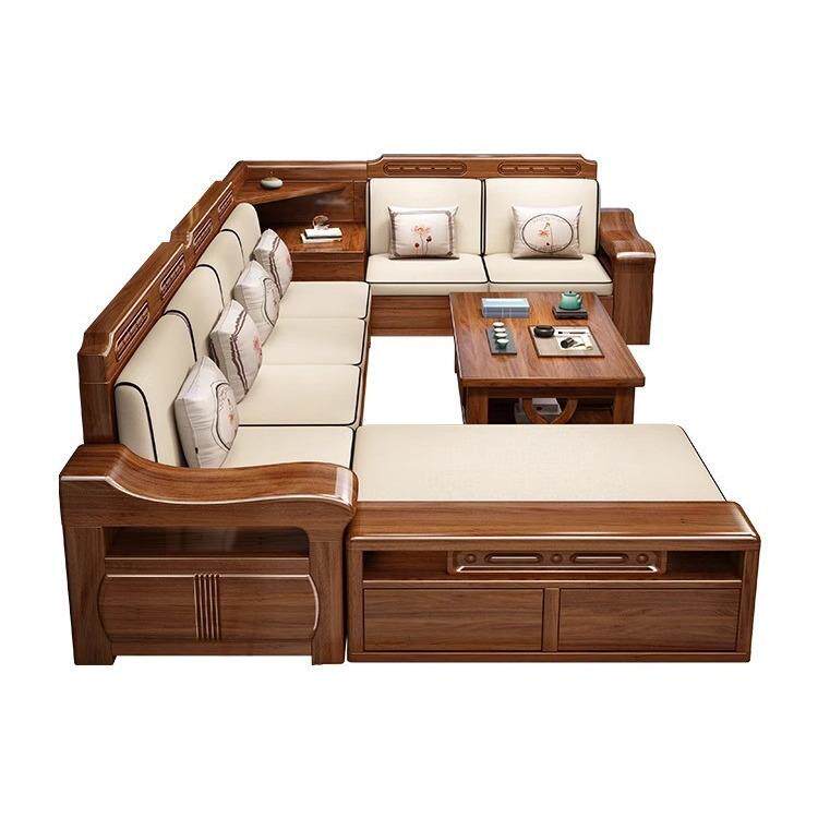 中式胡桃木实木大款沙发组合全实木简约转角客厅储物沙发冬夏两用