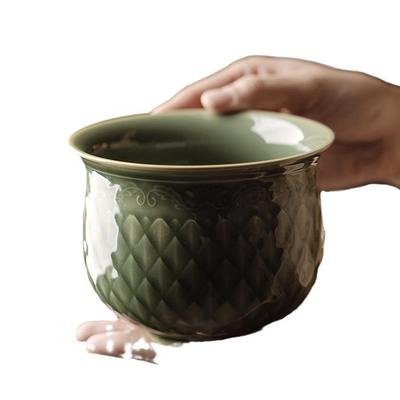 越窑青瓷手工浮雕鱼鳞纹建水茶洗杯洗功夫茶具茶道配件