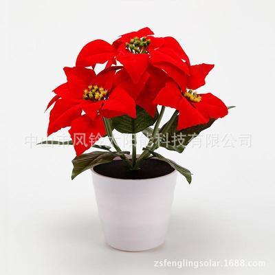 太阳能LED圣诞花灯太阳能led一品红台灯仿真花盆灯圣诞节日装饰灯