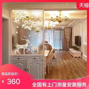 艺术玻璃定制屏风过道隔断客厅双面磨砂透光彩绘高端经典发财鹿