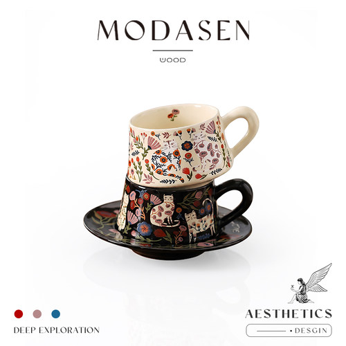 MODASEN法式猫花陶瓷咖啡杯碟