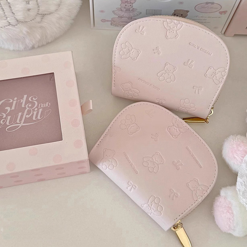 蝴蝶结压印小熊卡包女新款简约可爱短款卡套大容量学生证件零钱包