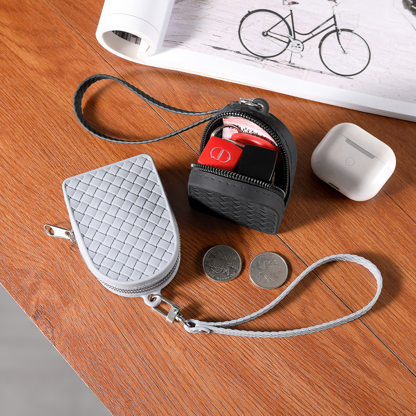 新款迷你钥匙收纳挂包编织硅胶防水耳机口红硬币大容量手拎锁匙包